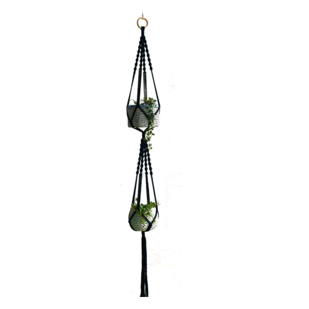 black and white macrame plant hanger Double Macrame Plant Hanger – Dots & Loops